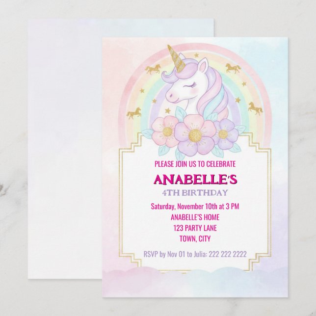 Unicorn Personalized Magical Birthday Invitation   (Front/Back)