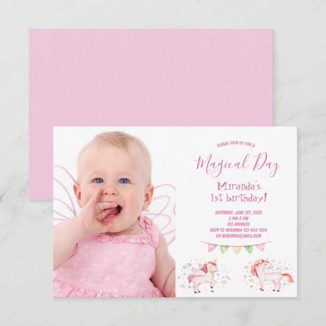 Unicorn photo 1st birthday party girl invitation (Front/Back)