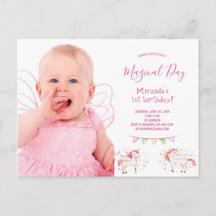 Unicorn photo 1st birthday party girl invitation postcard