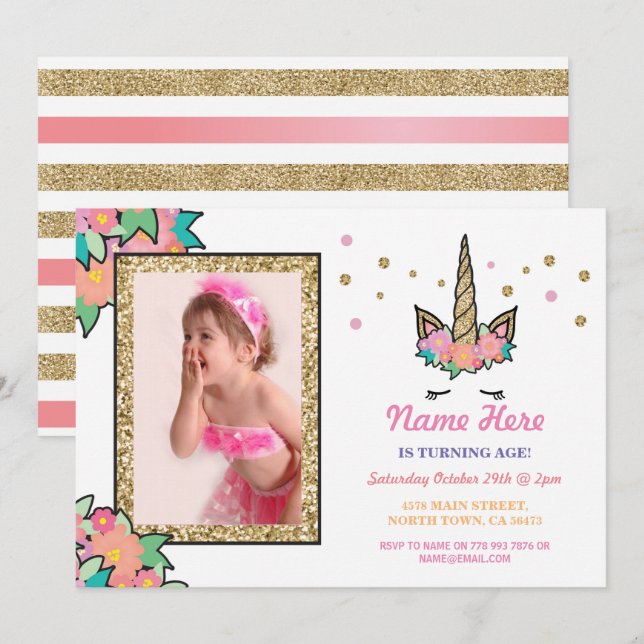 Unicorn Photo Birthday Party ANY Age Gold Invite (Front/Back)
