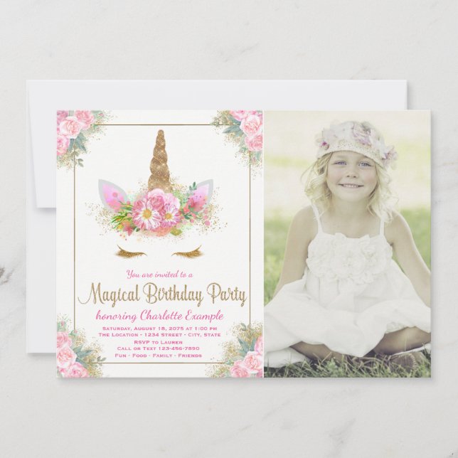Unicorn Photo Birthday Party Invitations (Front)