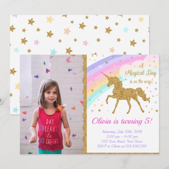 Unicorn Photo Invitation, Unicorn Party Invitation (Front/Back)