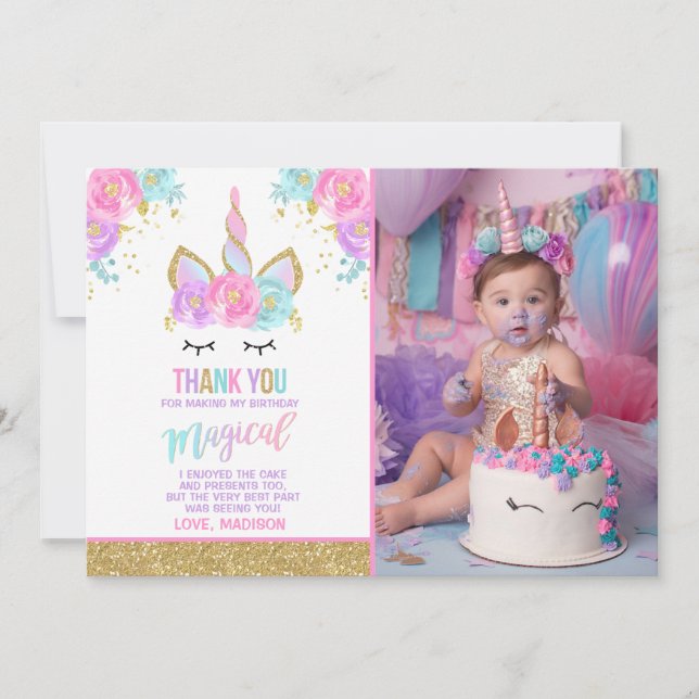 Unicorn Photo Thank You Card Pink Gold Unicorn (Front)