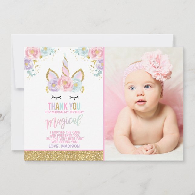 Unicorn Photo Thank You Card Pink Gold Unicorn (Front)