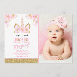 Unicorn Photo Thank You Card Pink Gold Unicorn
