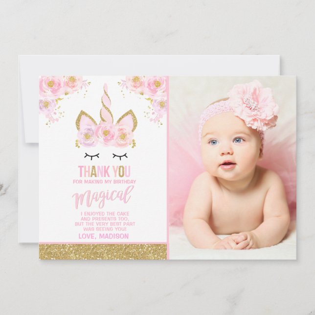 Unicorn Photo Thank You Card Pink Gold Unicorn (Front)