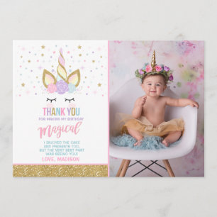 Unicorn Photo Thank You Card Pink Gold Unicorn