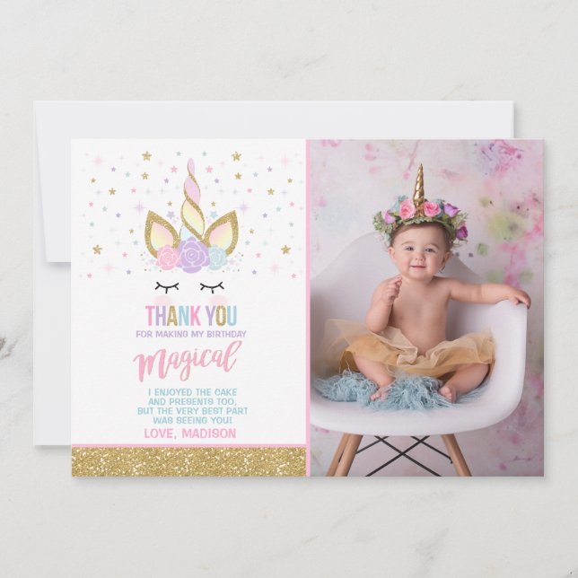 Unicorn Photo Thank You Card Pink Gold Unicorn (Front)