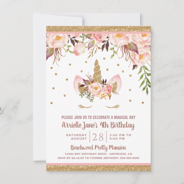 Unicorn Pink and Gold Birthday Party Invitations (Front)