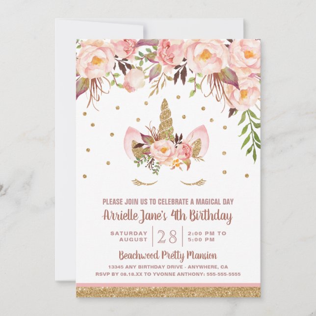 Unicorn Pink and Gold Birthday Party Invitations (Front)