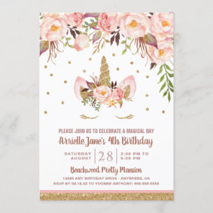Unicorn Pink and Gold Birthday Party Invitations