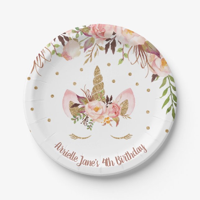 Unicorn Pink and Gold Birthday Party Plates (Front)