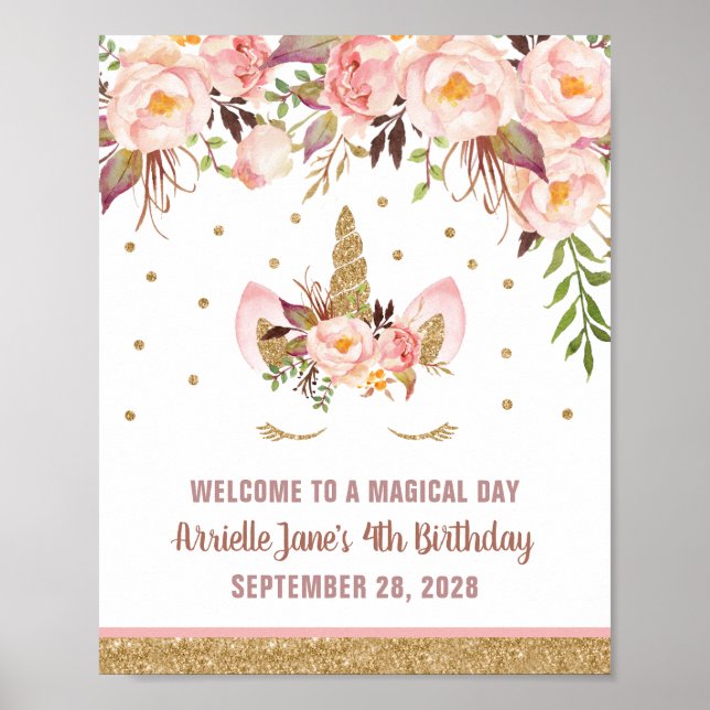 Unicorn Pink and Gold Birthday Party Welcome Sign (Front)