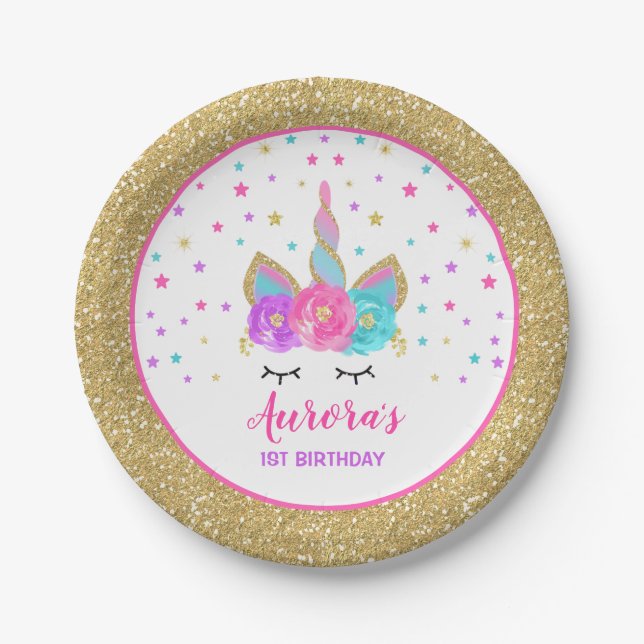 Unicorn Pink And Gold Paper Plate 7" Paper Plates (Front)