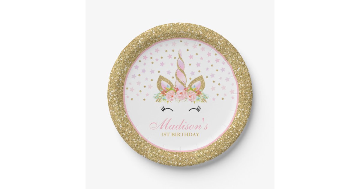 Unicorn Pink And Gold Paper Plate 7" Paper Plates | Zazzle ...