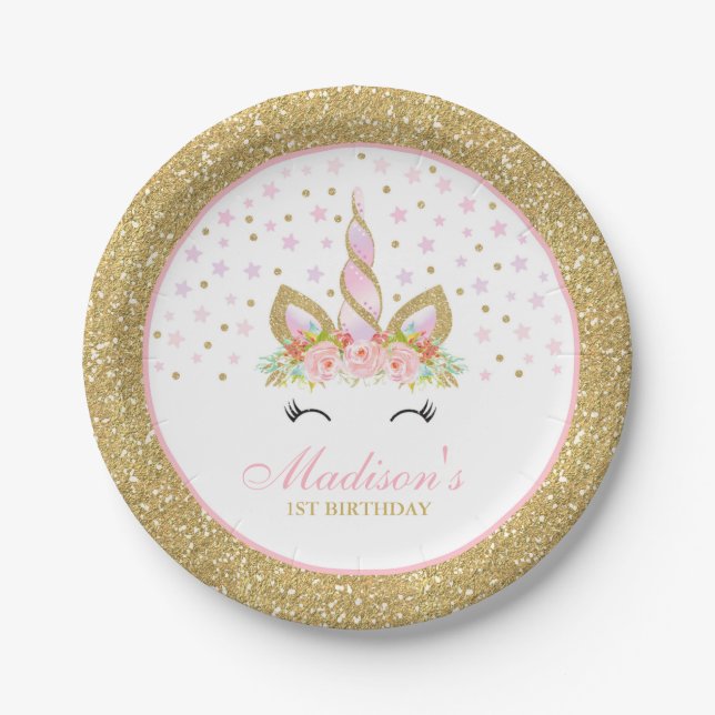 Unicorn Pink And Gold Paper Plate 7" Paper Plates (Front)