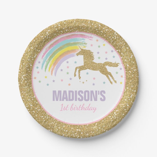 Unicorn Pink And Gold Paper Plate 7" Paper Plates (Front)