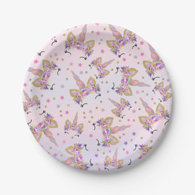 Unicorn Pink And Gold Paper Plate 7" Paper Plates (Front)