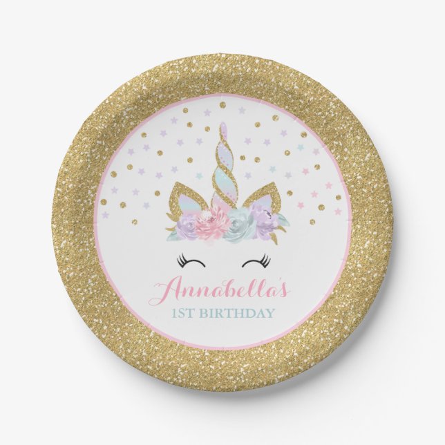 Unicorn Pink And Gold Paper Plate 7" Paper Plates (Front)