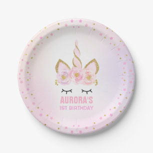 Unicorn Pink And Gold Paper Plate 7" Paper Plates