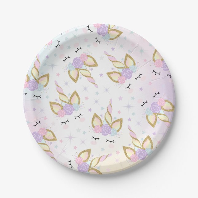 Unicorn Pink And Gold Paper Plate 7" Paper Plates (Front)