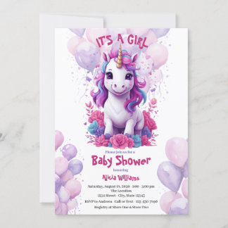 Unicorn Pink and Purple Baby Shower Invitation