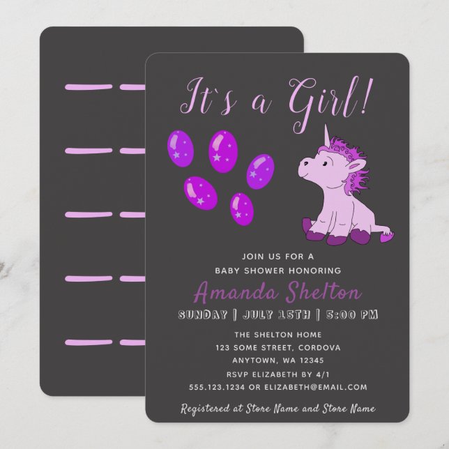 Unicorn Pink Baby Girl Shower Invitation Card (Front/Back)