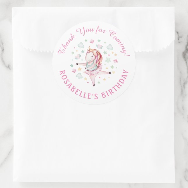 Unicorn Pink Ballerina Birthday Party Thank You Classic Round Sticker (Bag)
