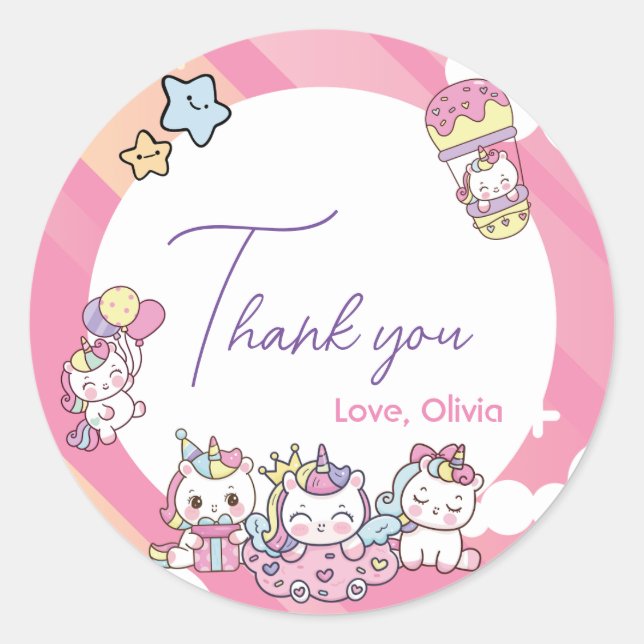 Unicorn pink birthday party  classic round sticker (Front)