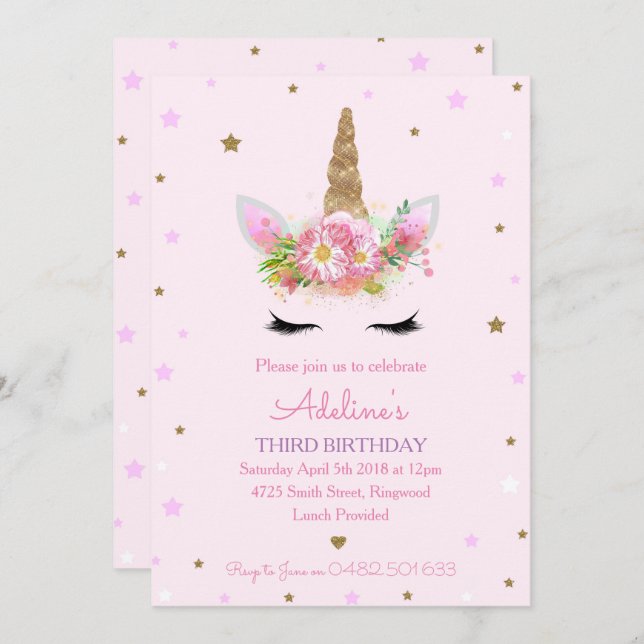 Unicorn Pink Birthday Party Invites Invitations (Front/Back)