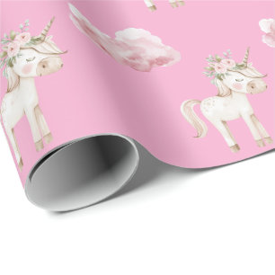 Unicorn Pink Cloud Floral Birthday Wrapping Paper