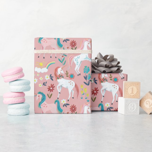 Unicorn pink cute magical girls first birthday  wrapping paper (Baby Shower)