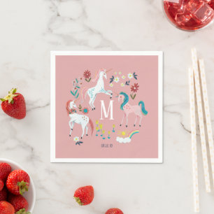 Unicorn pink cute magical girls monogram birthday napkin