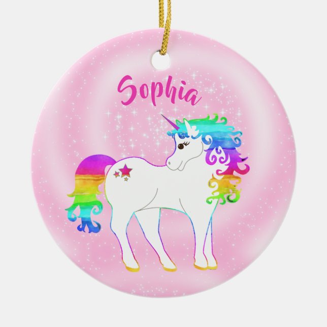 Unicorn Pink Cute Stars Custom Photo Girl Ceramic Tree Decoration (Front)
