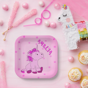 Unicorn Pink Dot Pattern Girl Birthday Paper Plate