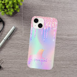Unicorn pink drips holographic name Case-Mate iPhone 14 case<br><div class="desc">A trendy iridescent background with unicorn and rainbow pastel colours in pink, purple, mint green. Decorated with faux glitter drips in pink, purple and a rainbow coloured unicorn. Purple coloured letters. Personalise and add your name. The name is written with a modern hand lettered style script with swashes. To keep...</div>
