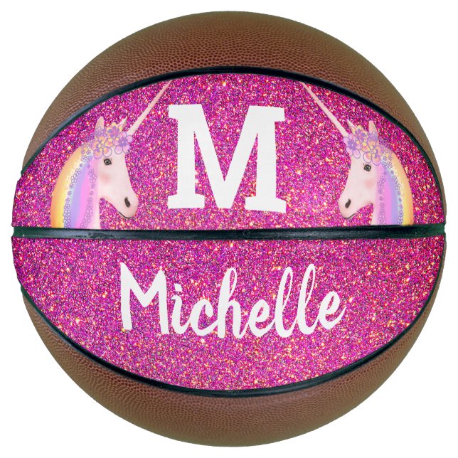 Unicorn Pink Faux Glitter Personalised Girls Basketball (Front)
