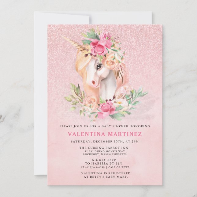 Unicorn Pink Floral Glitter Baby Shower Invitation (Front)