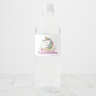 unicorn, pink floral, water bottle label