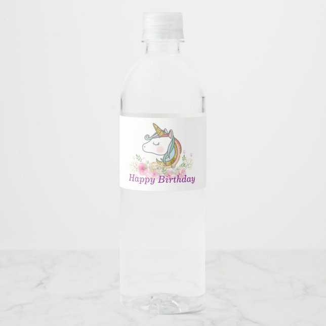 unicorn, pink floral, water bottle label (Front)