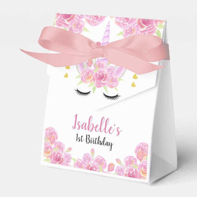 Unicorn Pink Florals Gold Hearts Birthday Favour Box (Front Side)