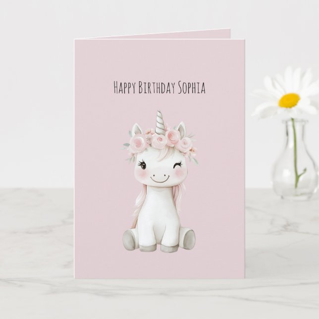 Unicorn Pink Flowers Birthday Card (Small Plant)