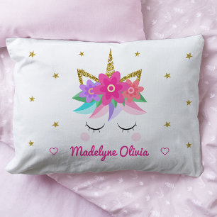 Unicorn Pink Flowers Glitter Stars Personalised Pillowcase