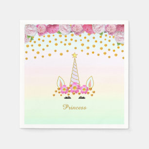 Unicorn, Pink Flowers & Gold Confetti Napkin