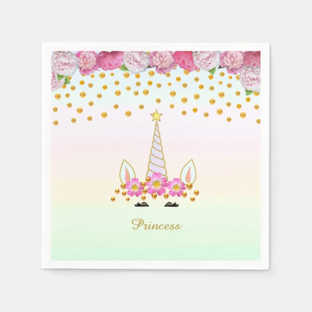 Unicorn, Pink Flowers & Gold Confetti Napkin (Front)