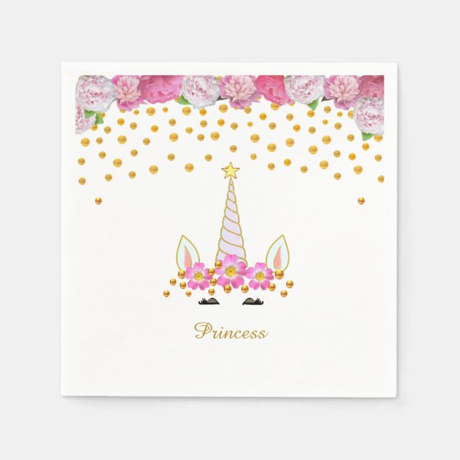 Unicorn, Pink Flowers & Gold Confetti Napkin (Front)