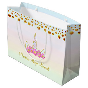 Unicorn, Pink Flowers & Golden Confetti Large Gift Bag