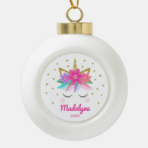 Unicorn Pink Flowers Stars Personalised Name Ceramic Ball Christmas Ornament