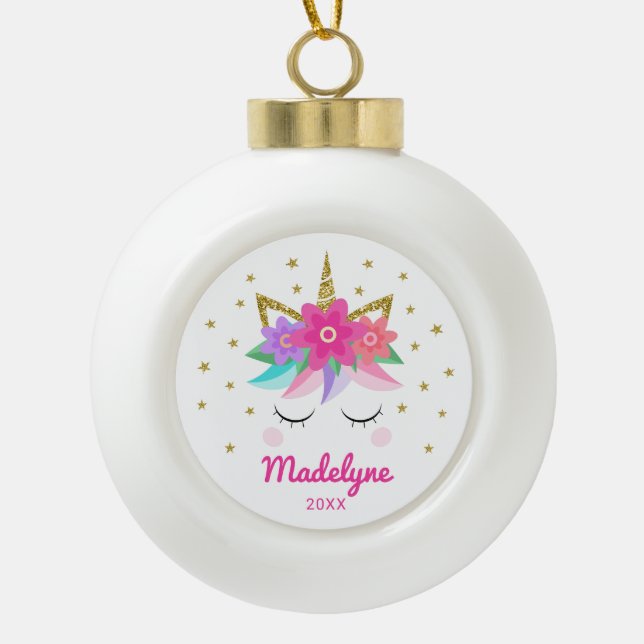 Unicorn Pink Flowers Stars Personalised Name Ceramic Ball Christmas Ornament (Front)