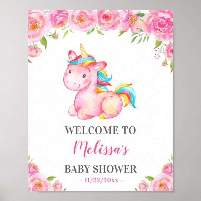 Unicorn Pink Girl Baby Shower Sprinkle Welcome Poster (Front)
